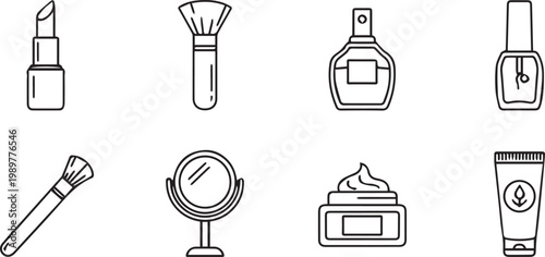 Cosmetic icons feature various beauty products including lipstick, makeup brushes, perfume bottles, nail polish, a vanity mirror, and skincare cream.