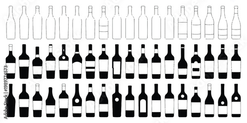 An illustration of numerous wine bottles arranged in rows on a surface