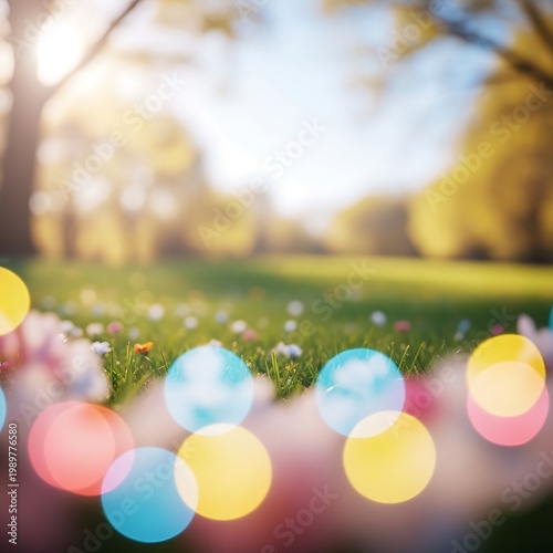 Vibrant, colorful light effects dance across a sunny spring meadow with lush green grass