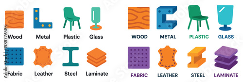 Materials icons with wood chair cup colorful