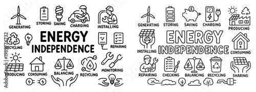 Energy icons with wind turbine solar panel battery outline