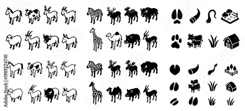 Farm and wildlife animal icons set