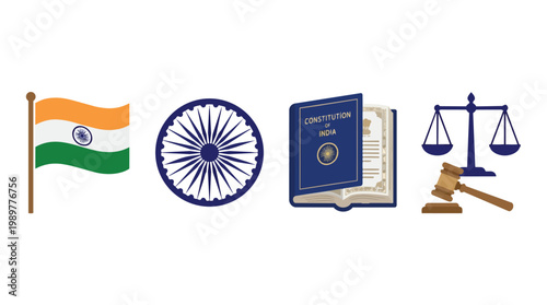Indian National Symbols and Legal System Vector Illustration with Flag Ashoka Chakra Constitution Book and Justice Scales Representing Democracy Law and Constitution Day