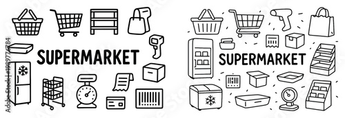 Supermarket icons with cart basket fridge outline