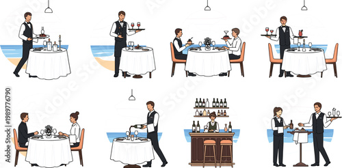 Restaurant Waiter and Dining Scene Icon Set with Couples, Bar, and Food Service Staff for Hospitality and Catering Business Designs
Restaurant Waiter and Dining Scene Icon Set with 