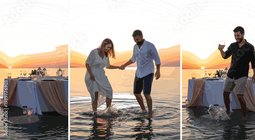 Romantic Couple Celebrating at Sunset Waterfront Dining Table Scene with Champagne Toast for Love, Wedding, and Travel DesignsRomantic Couple Celebrating at Sunset Waterfront Dining Table Scene 