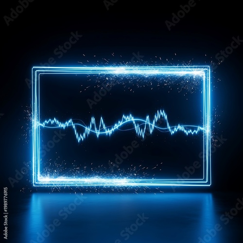 Energetic blue neon frame encircles a fluctuating digital waveform display against a dark background