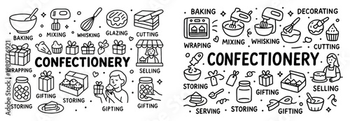 Confectionery icons with bowl mixer cupcakes outline
