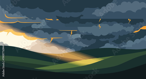 Dramatic Stormy Sky with Lightning and Sunbeam Over Rolling Hills