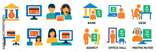 Banking icons with computer person headset flat