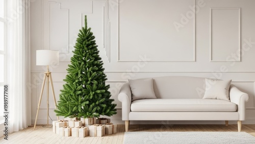 A minimalist living room with a Christmas tree and presents