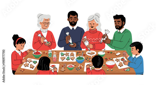 multi-generational family baking cookies together at table