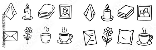 Home comfort icons with towel candle cup outline