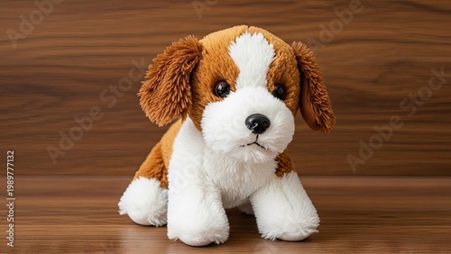 A cute stuffed dog toy sitting on a wooden surface