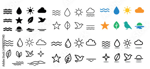 Nature icons set: sun, sail, bird, leaf