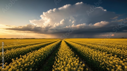 A vast field of vibrant yellow flowers under a dramatic cloudy sky
