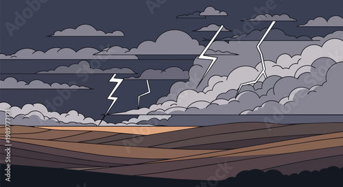 Dramatic Stormy Sky with Lightning Strikes Over Arid Landscape