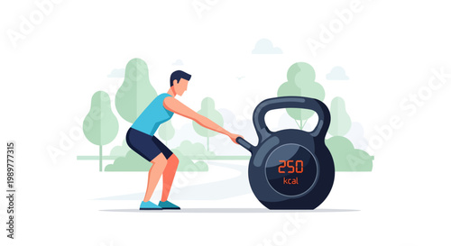 Man pulling a digital kettlebell outdoors in a park