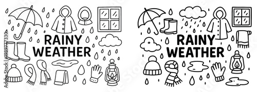 Rainy weather icons with umbrella raincoat boots outline