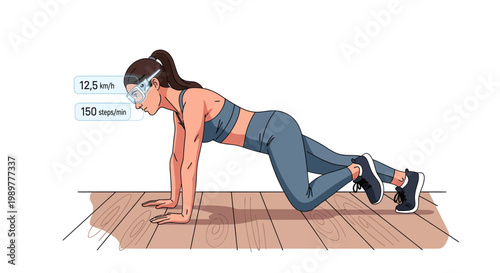 Woman doing push-ups on wooden floor at home workout routine