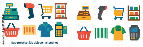 Retail icons with cash register cart shelf colorful
