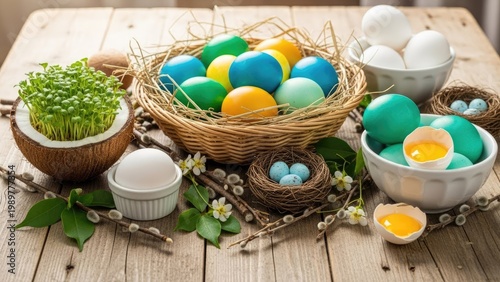 A beautifully arranged Easter display with colorful eggs and spring elements