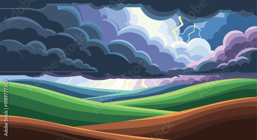 Dramatic Pixel Art Landscape: Stormy Sky, Lightning, Rolling Hills