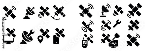 Space icons with satellite dish phone silhouette