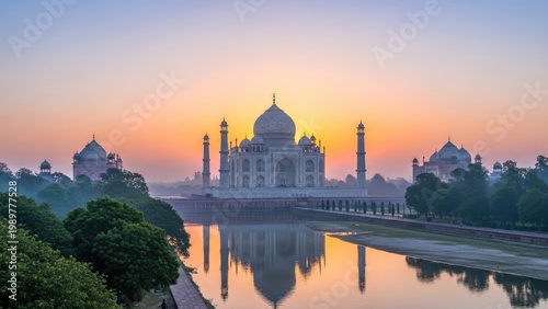 The majestic Taj Mahal at sunrise with serene reflection in the water