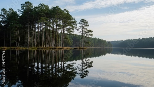 A serene lake surrounded by tall trees and a blue sky