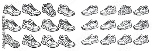 Footwear icons with sneakers and laces outline