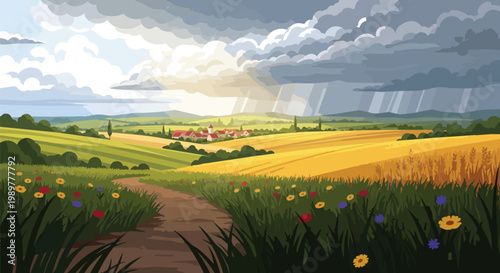 Idyllic country path through golden wheat fields and village under dramatic stormy sky
