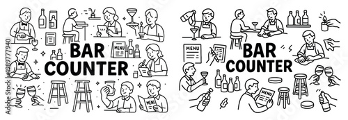 Bar icons with bartender glass stool outline