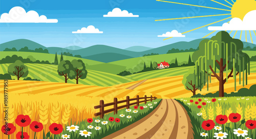 Idyllic Countryside Landscape with Rolling Hills, Farmhouse, and Fields