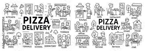 Delivery icons with pizza chef courier outline lineart