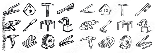 Workshop icons with hammer drill flat