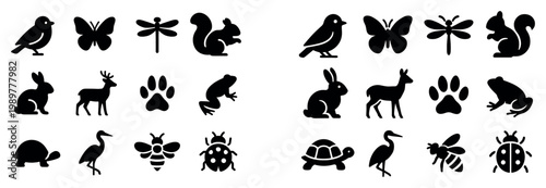 Nature icons with bird butterfly squirrel silhouette