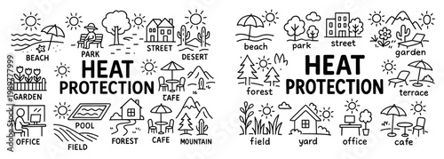 Heat protection icons with sun umbrella tree outline