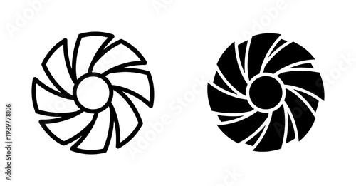 Industrial cooling fan vector icons, black electric ventilator symbols, computer hardware cooling system elements, rotating propeller blade signs