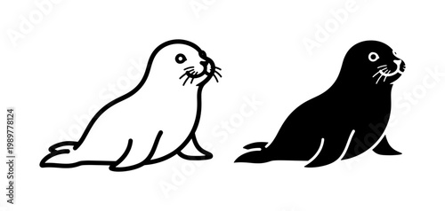 Minimalist seal vector icons, cute marine animal line art, black and white sea lion silhouettes, arctic wildlife character illustrations