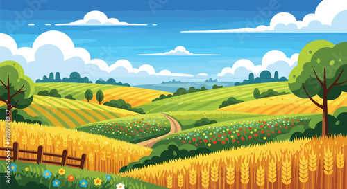 Vibrant Rural Landscape with Golden Wheat Fields and Colorful Wildflowers Under Blue Sky
