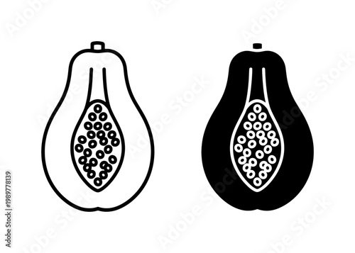 Minimalist papaya fruit icons, black and white tropical fruit vector set, sliced papaya with seeds line art and solid silhouette graphics