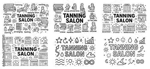 Tanning salon activities and locations icon set