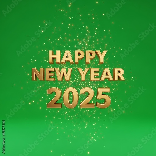 Three dimensional golden lettering displays the celebratory message Happy New Year 2025 against a vibrant green background with sparkling lights