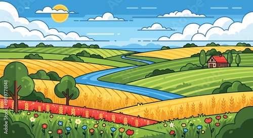 Pixel Art Farm Landscape: Rolling Hills, Wheat Fields, River, and Flowers