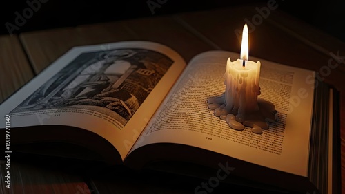 A lit candle sits on an open book in a dark room