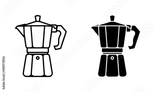 Italian moka pot vector icons, traditional stovetop espresso maker silhouettes, black and white coffee brewer symbols for cafe branding