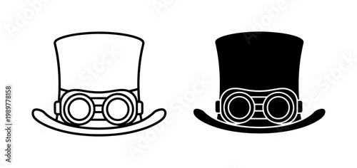 Steampunk top hat with goggles vector icons, vintage Victorian headwear silhouettes, retro industrial fashion accessories for costume design