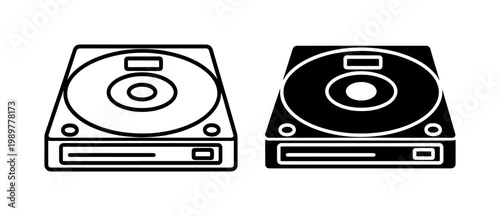 Optical disc drive icons, computer CD DVD ROM hardware vector set, black and white line art and solid silhouette symbols for technology interface