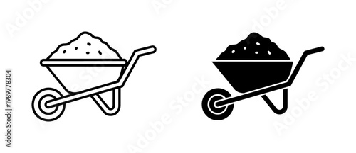 Minimalist wheelbarrow icon set, construction wheelbarrow filled with sand or soil, black outline and solid silhouette vector graphic elements